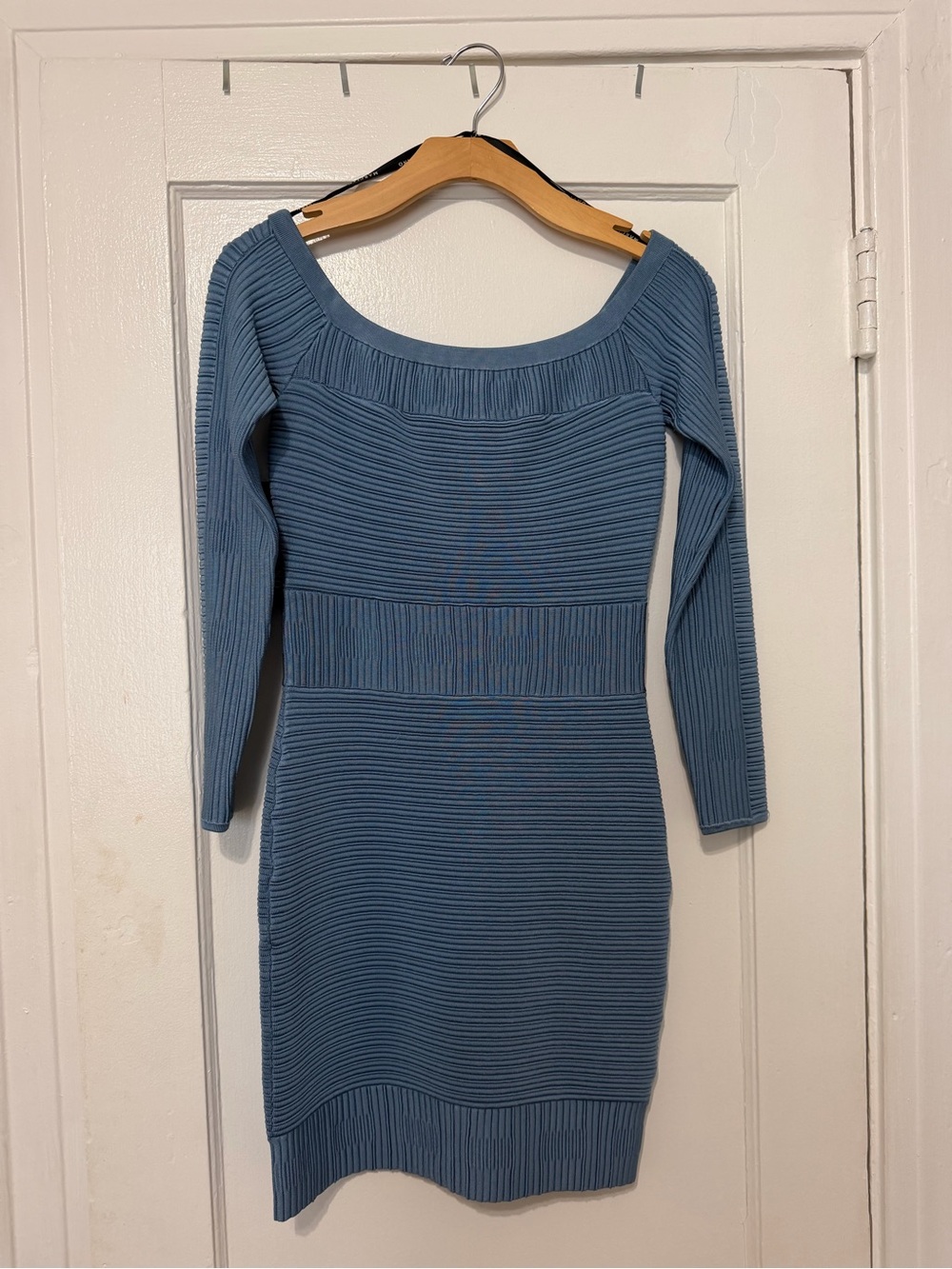 Marciano Dusty Blue Ribbed off the shoulder Bodycon Dress